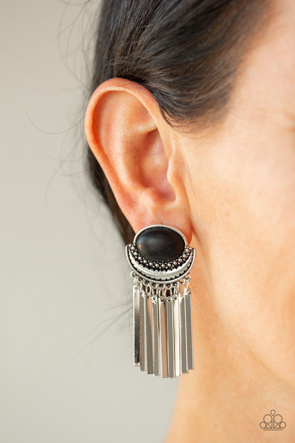 Monsoon Season Black Stone and Silver Fringe Earrings - Paparazzi Accessories- lightbox - CarasShop.com - Paparazzi Jewelry by Cara Jewels