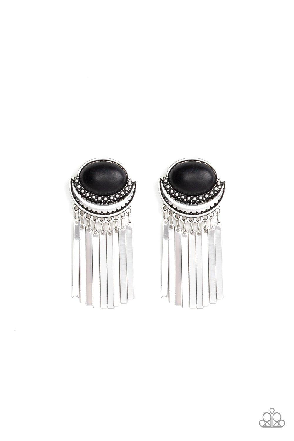 Monsoon Season Black Stone and Silver Fringe Earrings - Paparazzi Accessories- on model - CarasShop.com - Paparazzi Jewelry by Cara Jewels