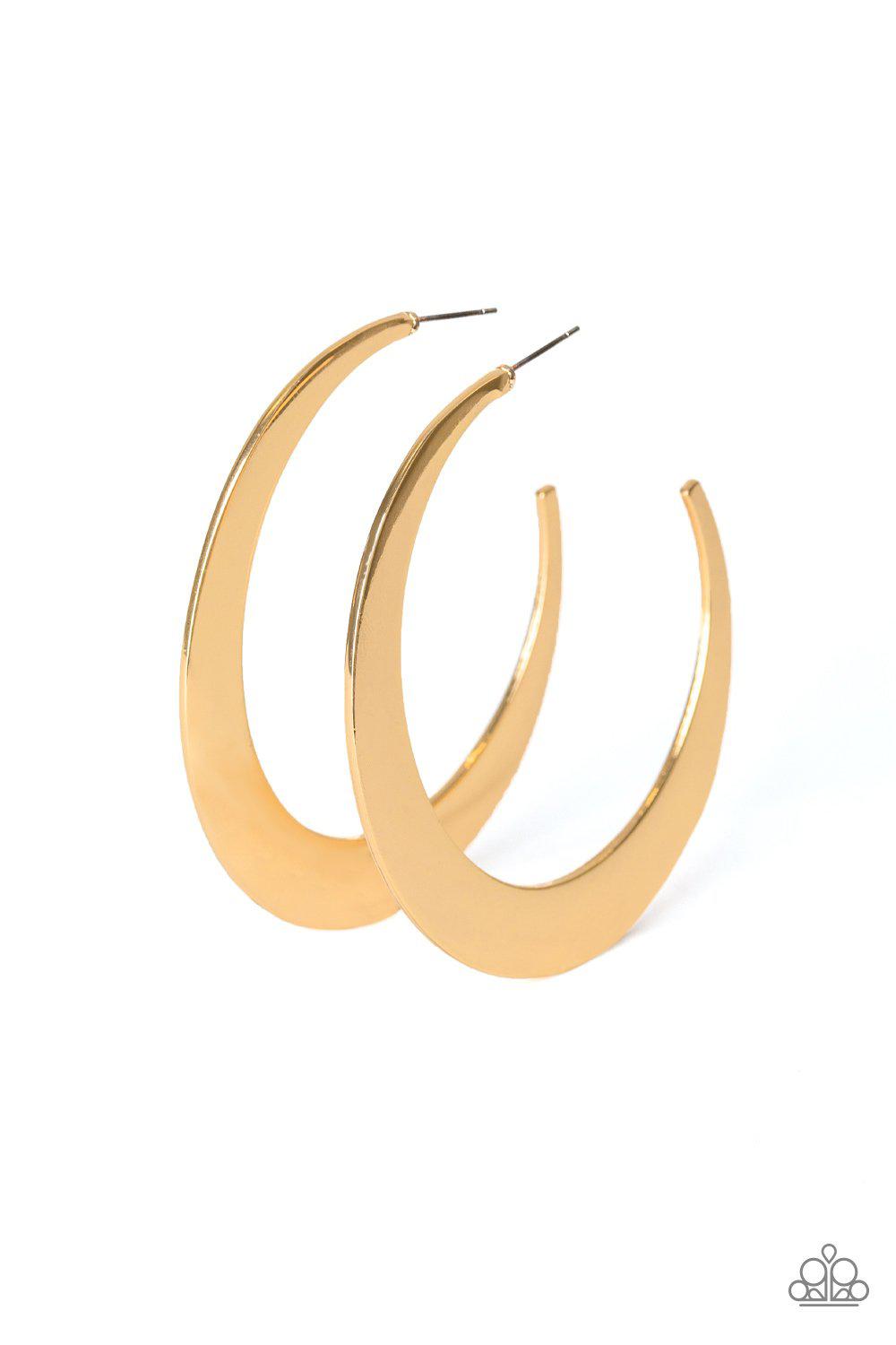 Moon Beam Gold Hoop Earrings - Paparazzi Accessories- on model - CarasShop.com - Paparazzi Jewelry by Cara Jewels