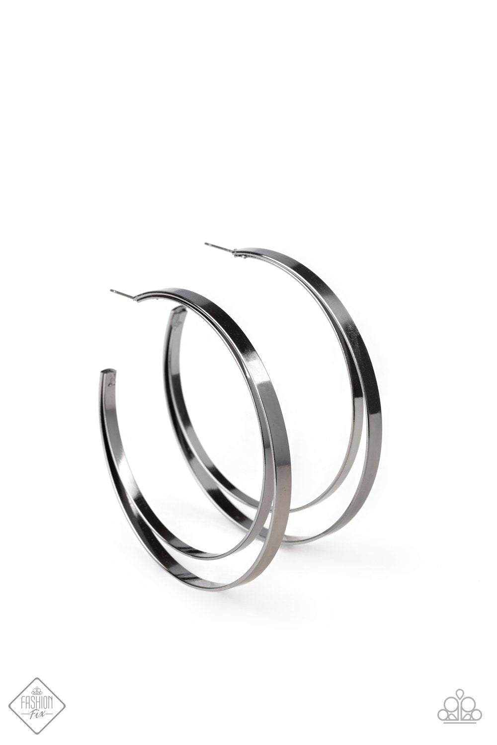 Moon Child Metro Gunmetal Black Hoop Earrings - Paparazzi Accessories- on model - CarasShop.com - Paparazzi Jewelry by Cara Jewels