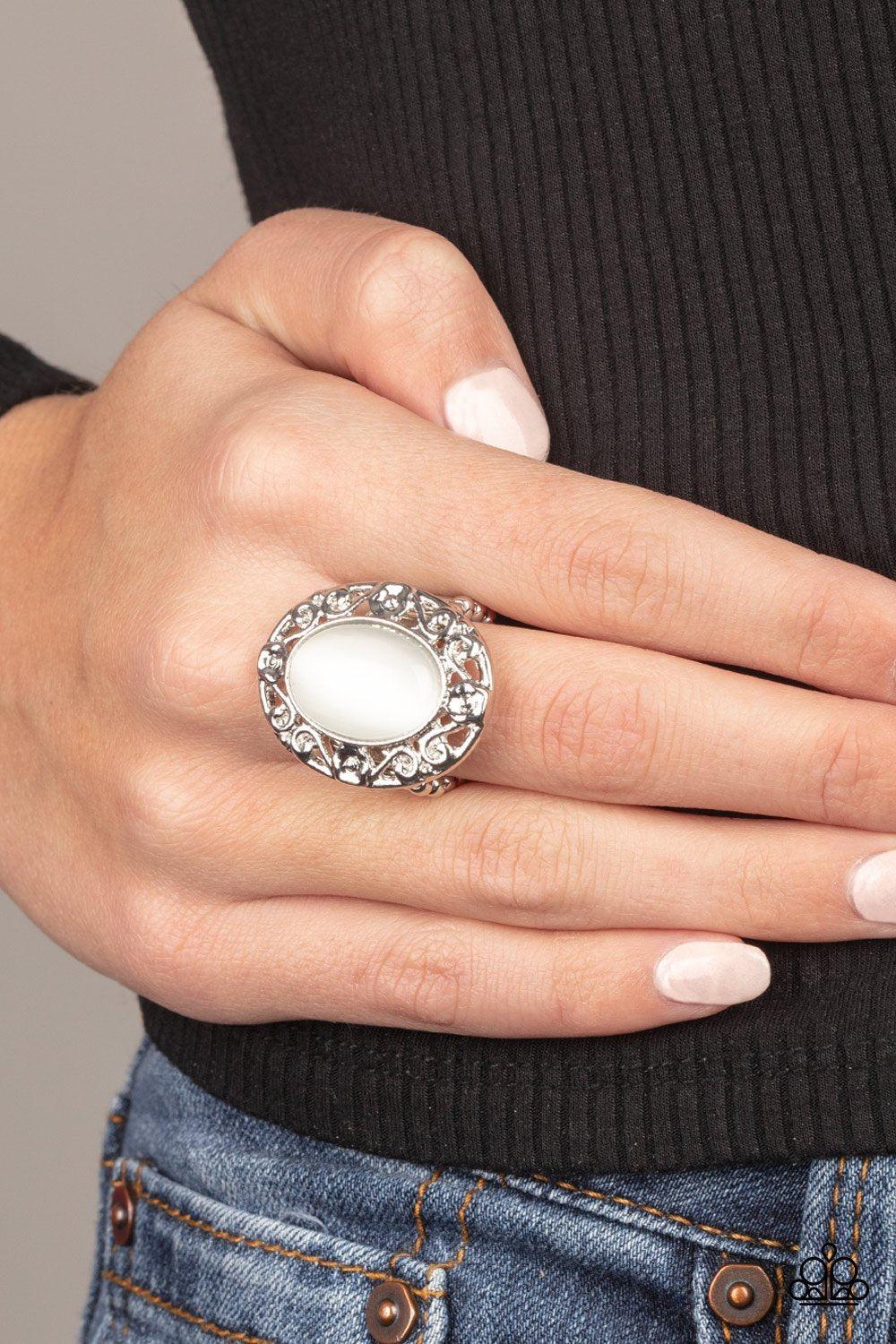 Moonlit Marigold White Moonstone Ring - Paparazzi Accessories- lightbox - CarasShop.com - Paparazzi Jewelry by Cara Jewels