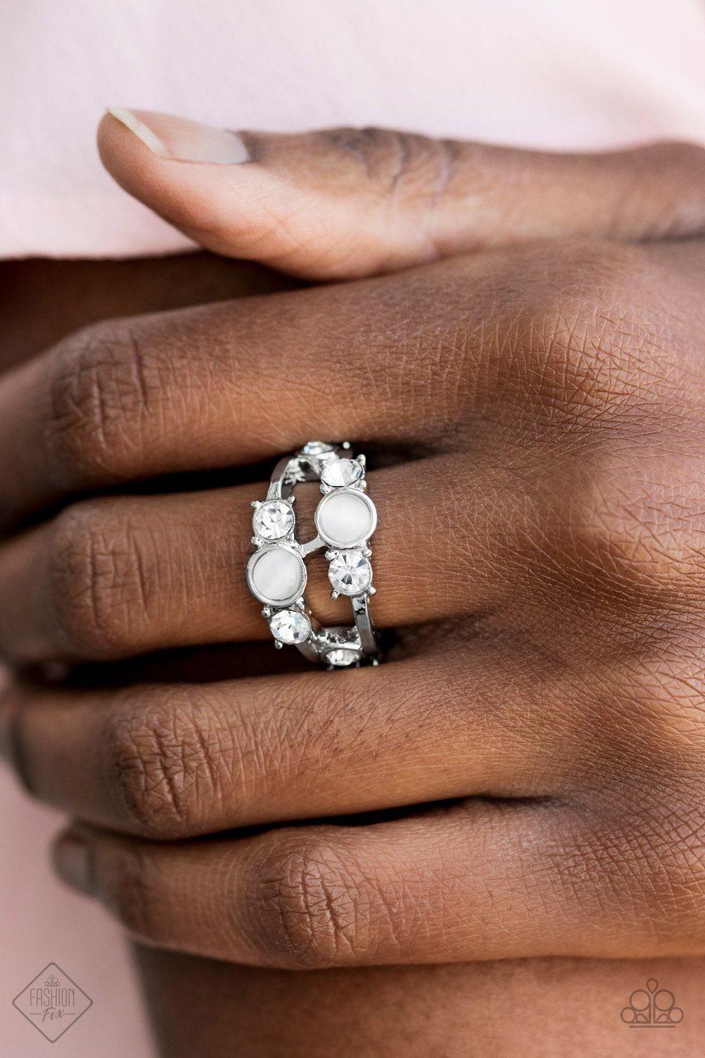 Moonlit Masquerade White Moonstone and Rhinestone Ring - Paparazzi Accessories- lightbox - CarasShop.com - Paparazzi Jewelry by Cara Jewels