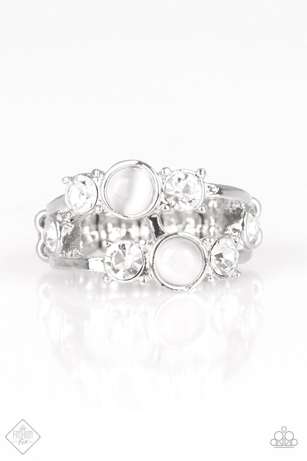 Moonlit Masquerade White Moonstone and Rhinestone Ring - Paparazzi Accessories- on model - CarasShop.com - Paparazzi Jewelry by Cara Jewels