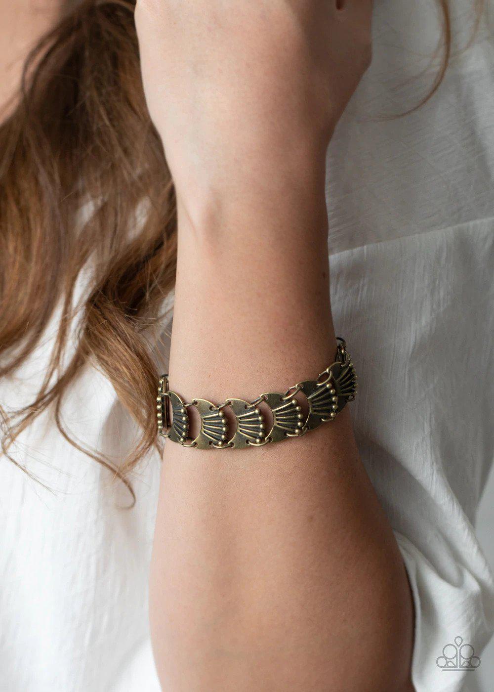 Moonlit Mesa Brass Bracelet - Paparazzi Accessories- on model - CarasShop.com - Paparazzi Jewelry by Cara Jewels