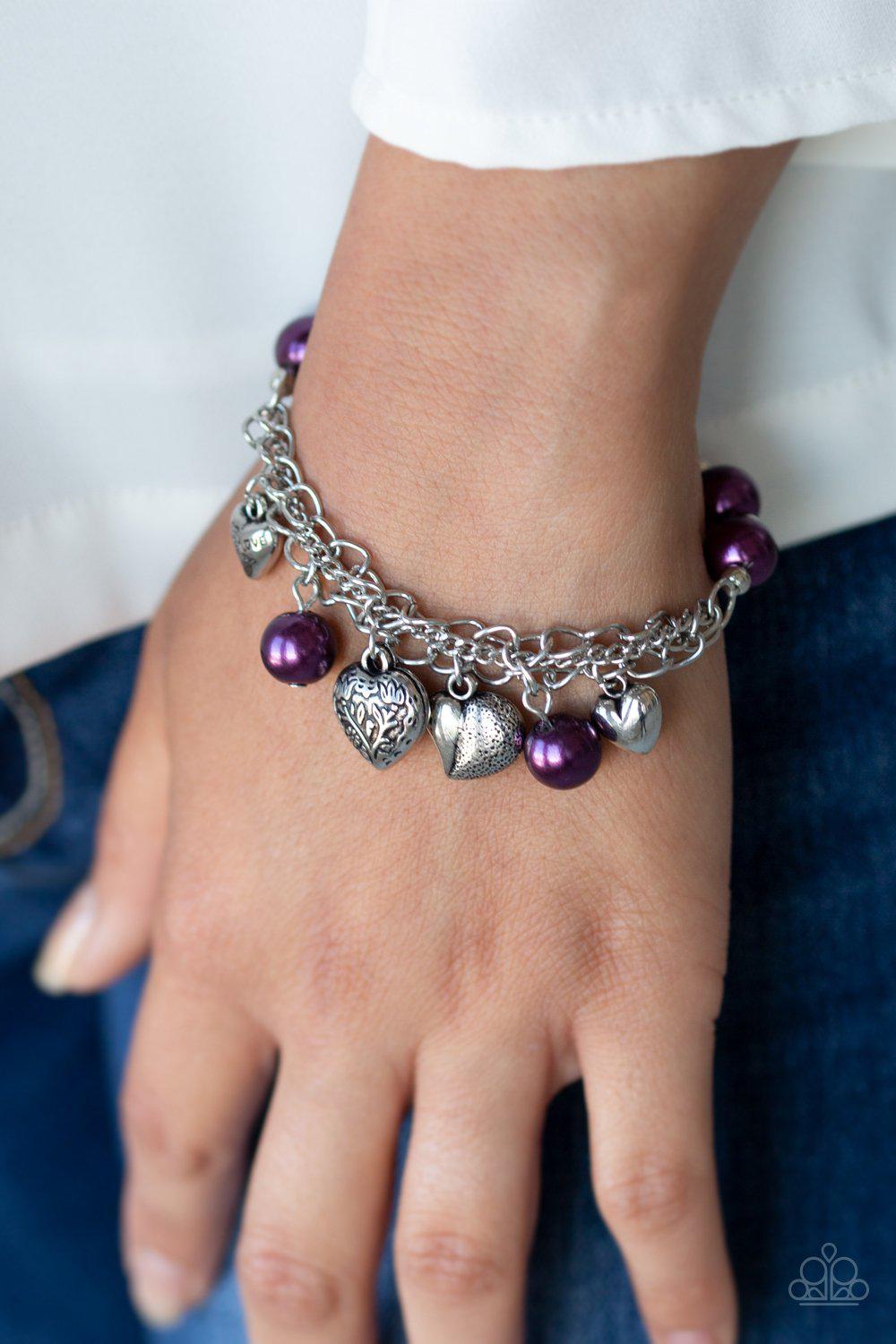 More Amour Purple and Silver Heart Stretch Bracelet - Paparazzi Accessories- lightbox - CarasShop.com - Paparazzi Jewelry by Cara Jewels