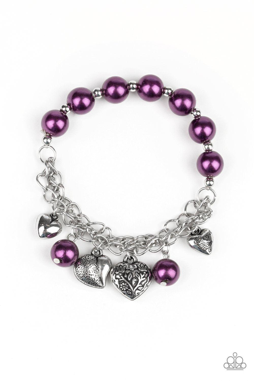 More Amour Purple and Silver Heart Stretch Bracelet - Paparazzi Accessories- on model - CarasShop.com - Paparazzi Jewelry by Cara Jewels