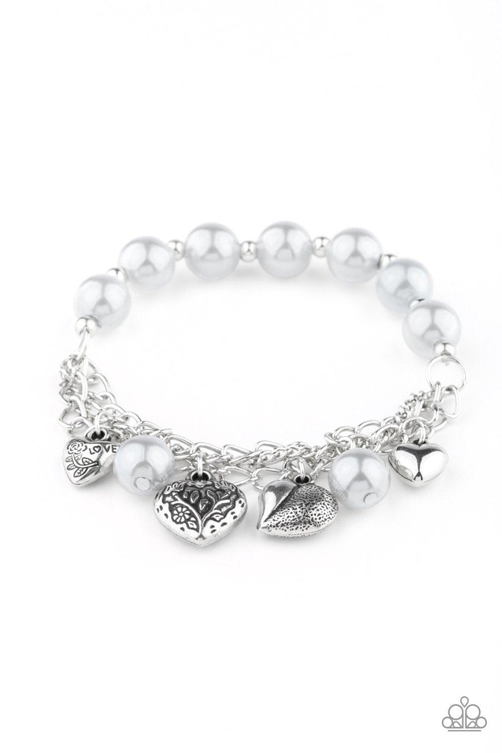 More Amour Silver Heart Stretch Bracelet - Paparazzi Accessories- on model - CarasShop.com - Paparazzi Jewelry by Cara Jewels