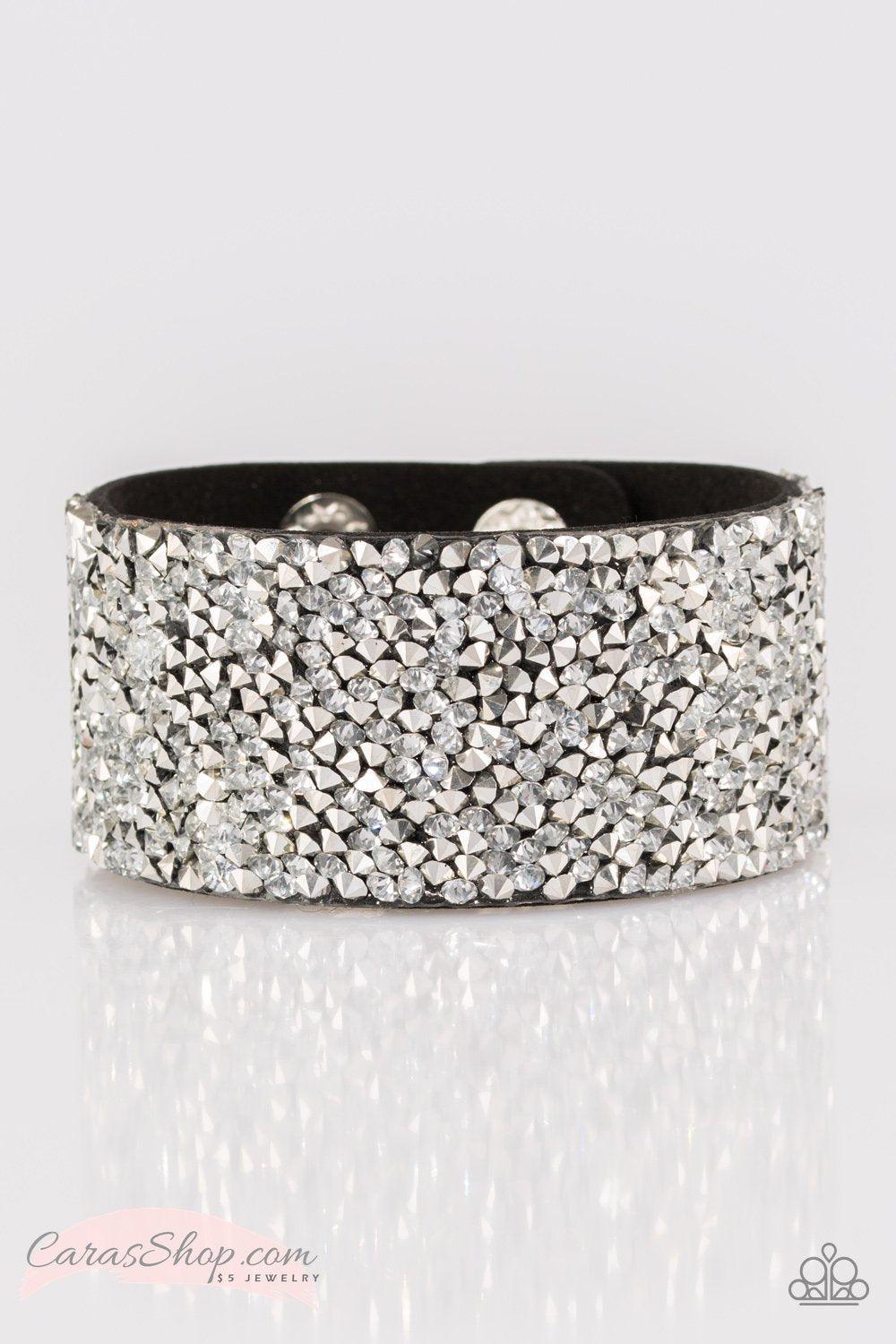 More Bang For Your Buck - Black Suede and White Gem Wrap Snap Bracelet - Paparazzi Accessories- lightbox - CarasShop.com - Paparazzi Jewelry by Cara Jewels