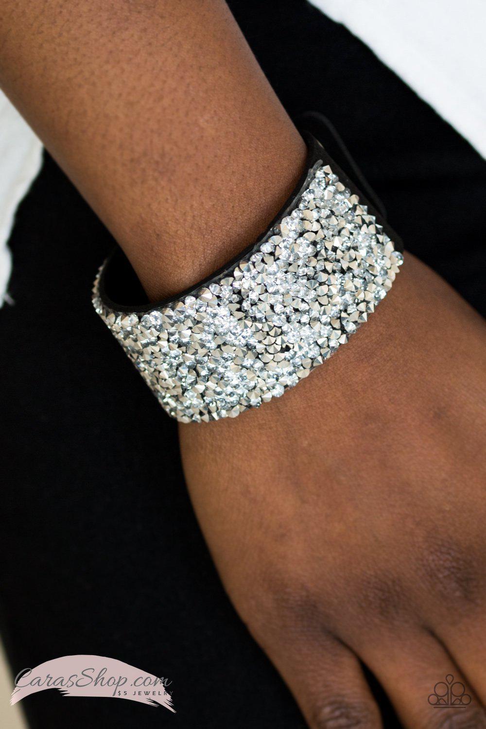 More Bang For Your Buck - Black Suede and White Gem Wrap Snap Bracelet - Paparazzi Accessories- on model - CarasShop.com - Paparazzi Jewelry by Cara Jewels