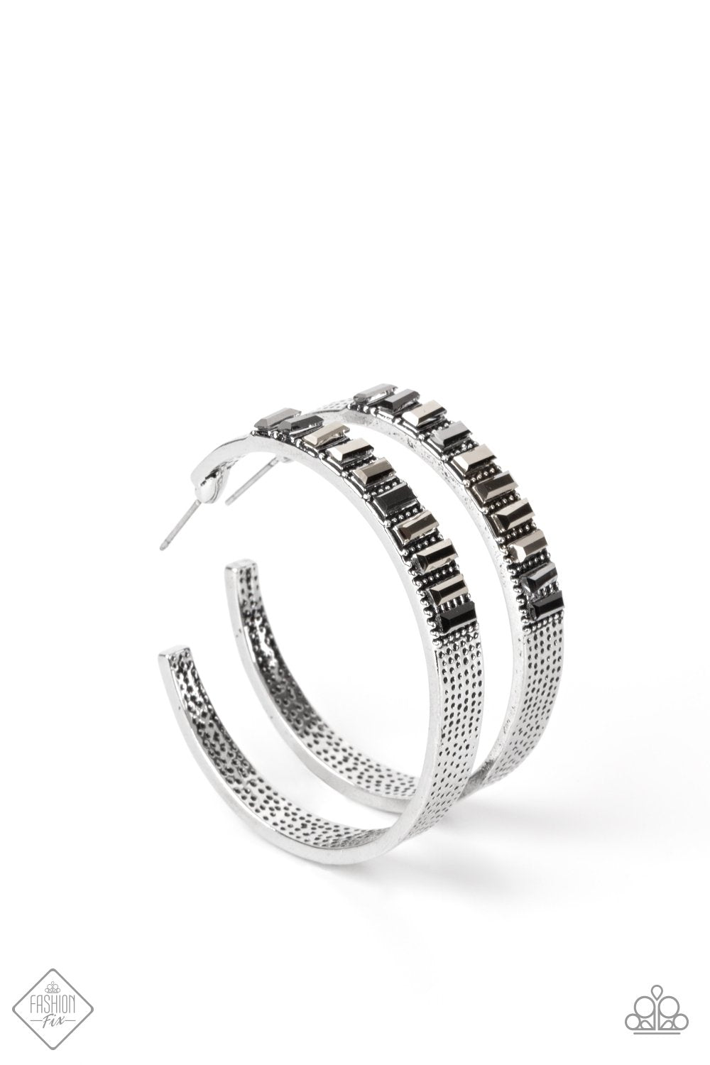 More To Love Silver Hematite Rhinestone Hoop Earrings - Paparazzi Accessories- lightbox - CarasShop.com - Paparazzi Jewelry by Cara Jewels