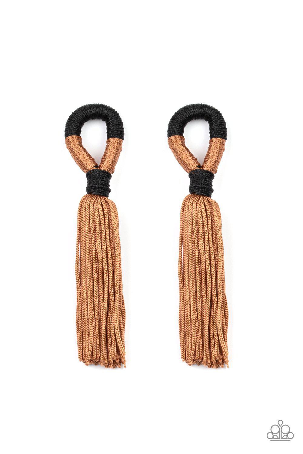 Moroccan Mambo Brown Tassel Earrings - Paparazzi Accessories- on model - CarasShop.com - Paparazzi Jewelry by Cara Jewels