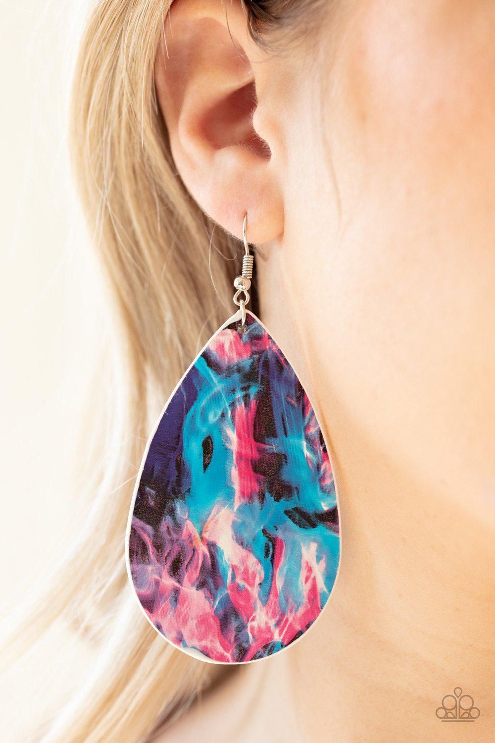 Mosaic Chic Multi Pink, Blue and White Leather Teardrop Earrings - Paparazzi Accessories- lightbox - CarasShop.com - Paparazzi Jewelry by Cara Jewels