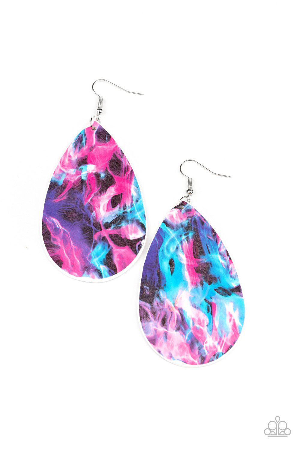 Mosaic Chic Multi Pink, Blue and White Leather Teardrop Earrings - Paparazzi Accessories- on model - CarasShop.com - Paparazzi Jewelry by Cara Jewels