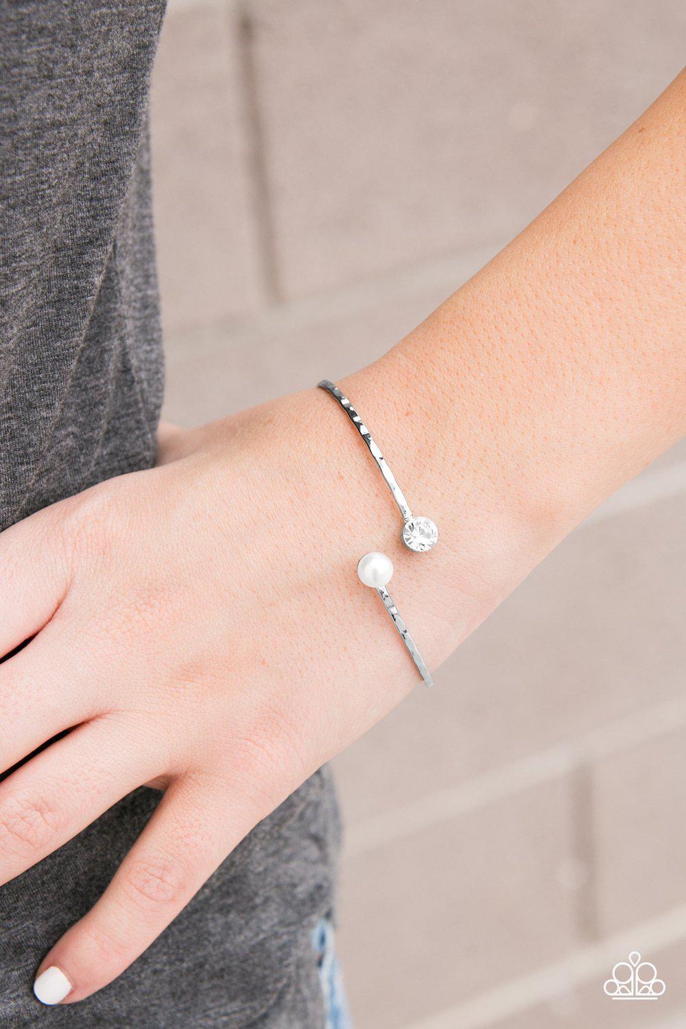 Mother Of Pearl White Pearl and Rhinestone Bangle Bracelet - Paparazzi Accessories- lightbox - CarasShop.com - Paparazzi Jewelry by Cara Jewels