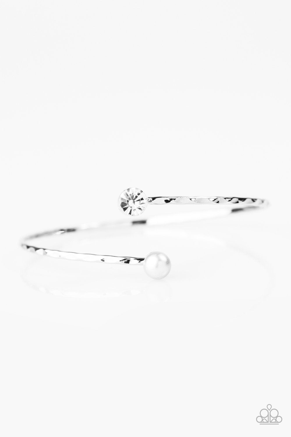 Mother Of Pearl White Pearl and Rhinestone Bangle Bracelet - Paparazzi Accessories- on model - CarasShop.com - Paparazzi Jewelry by Cara Jewels