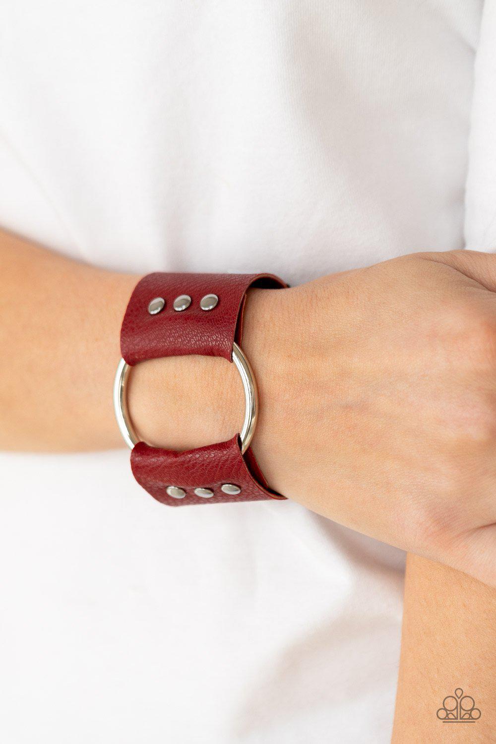 Moto Mayhem Red and Black Leather Wrap Snap Bracelet - Paparazzi Accessories- lightbox - CarasShop.com - Paparazzi Jewelry by Cara Jewels