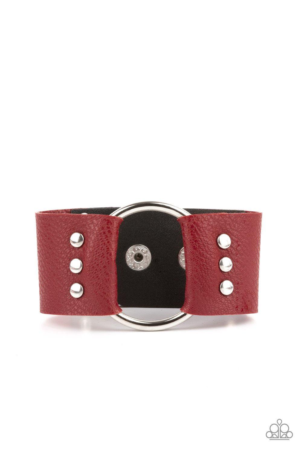Moto Mayhem Red and Black Leather Wrap Snap Bracelet - Paparazzi Accessories- on model - CarasShop.com - Paparazzi Jewelry by Cara Jewels