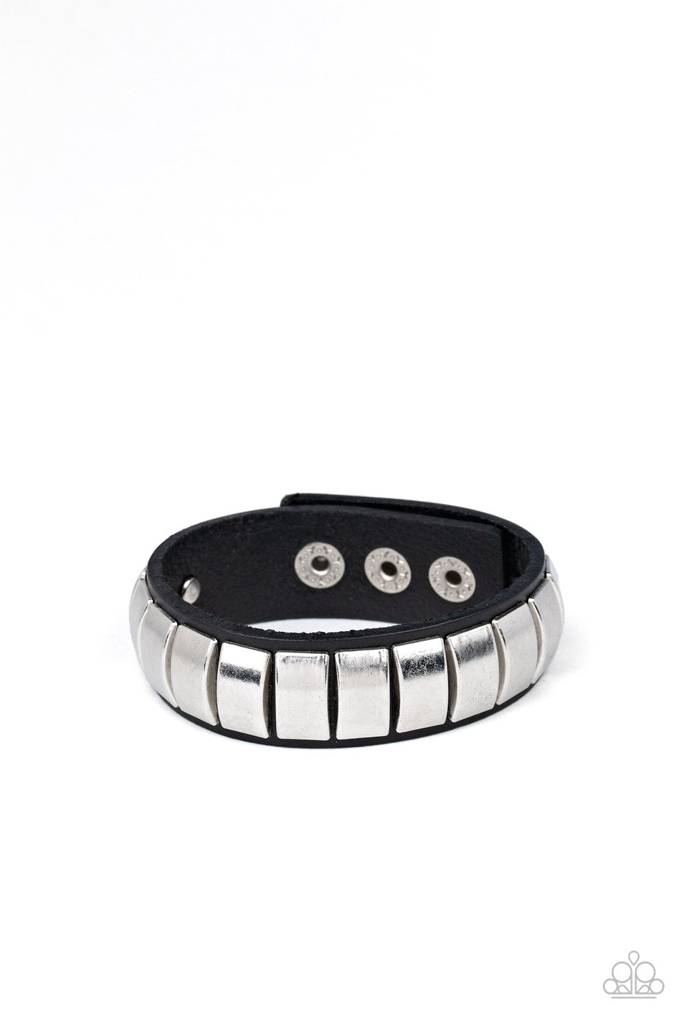 Moto Mode Silver and Black Leather Wrap Snap Bracelet - Paparazzi Accessories- lightbox - CarasShop.com - Paparazzi Jewelry by Cara Jewels