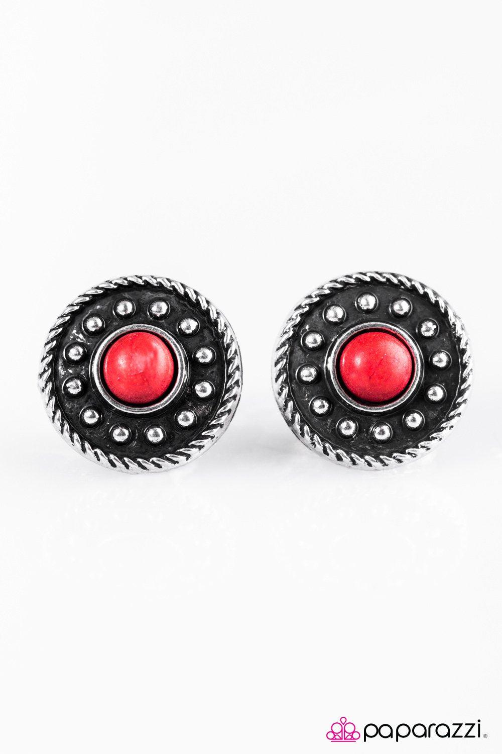 Mountain Majesty Red Stone Post Earrings - Paparazzi Accessories- on model - CarasShop.com - Paparazzi Jewelry by Cara Jewels