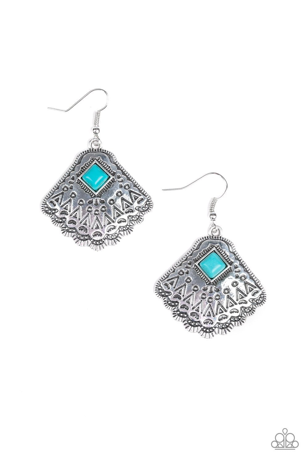 Mountain Mesa Silver and Turquoise Blue Stone Earrings - Paparazzi Accessories- on model - CarasShop.com - Paparazzi Jewelry by Cara Jewels