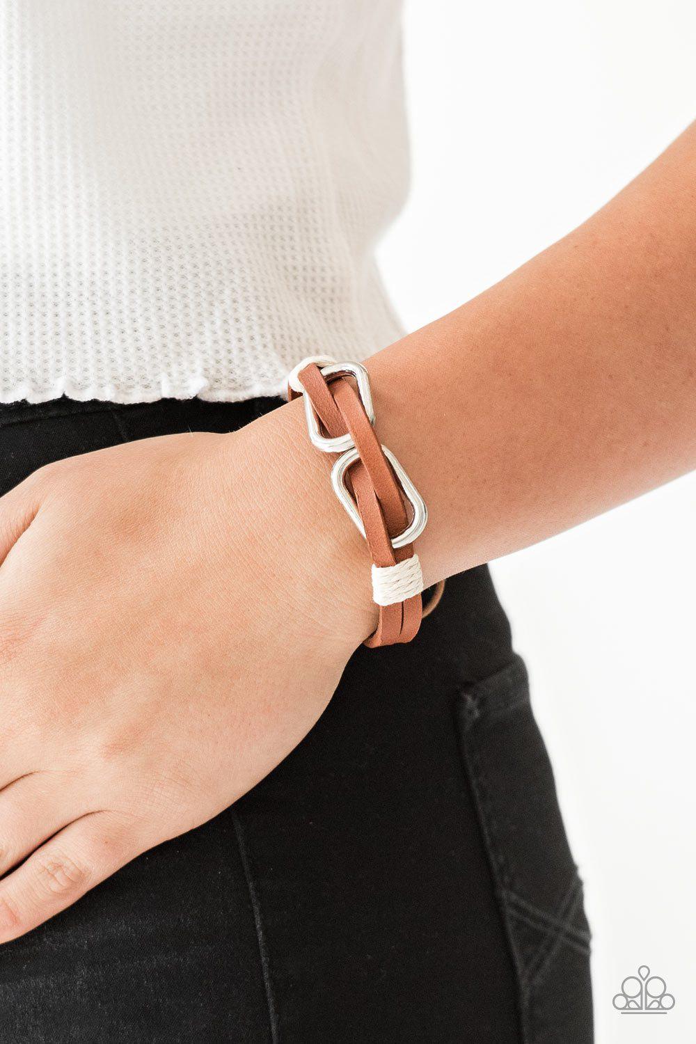 MOUNTAINEER Time Zone White and Brown Leather Urban Knot Bracelet - Paparazzi Accessories- lightbox - CarasShop.com - Paparazzi Jewelry by Cara Jewels