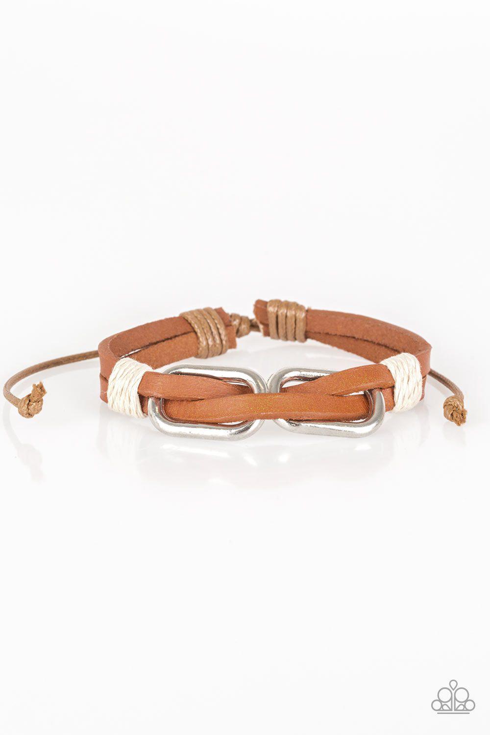 MOUNTAINEER Time Zone White and Brown Leather Urban Knot Bracelet - Paparazzi Accessories- on model - CarasShop.com - Paparazzi Jewelry by Cara Jewels