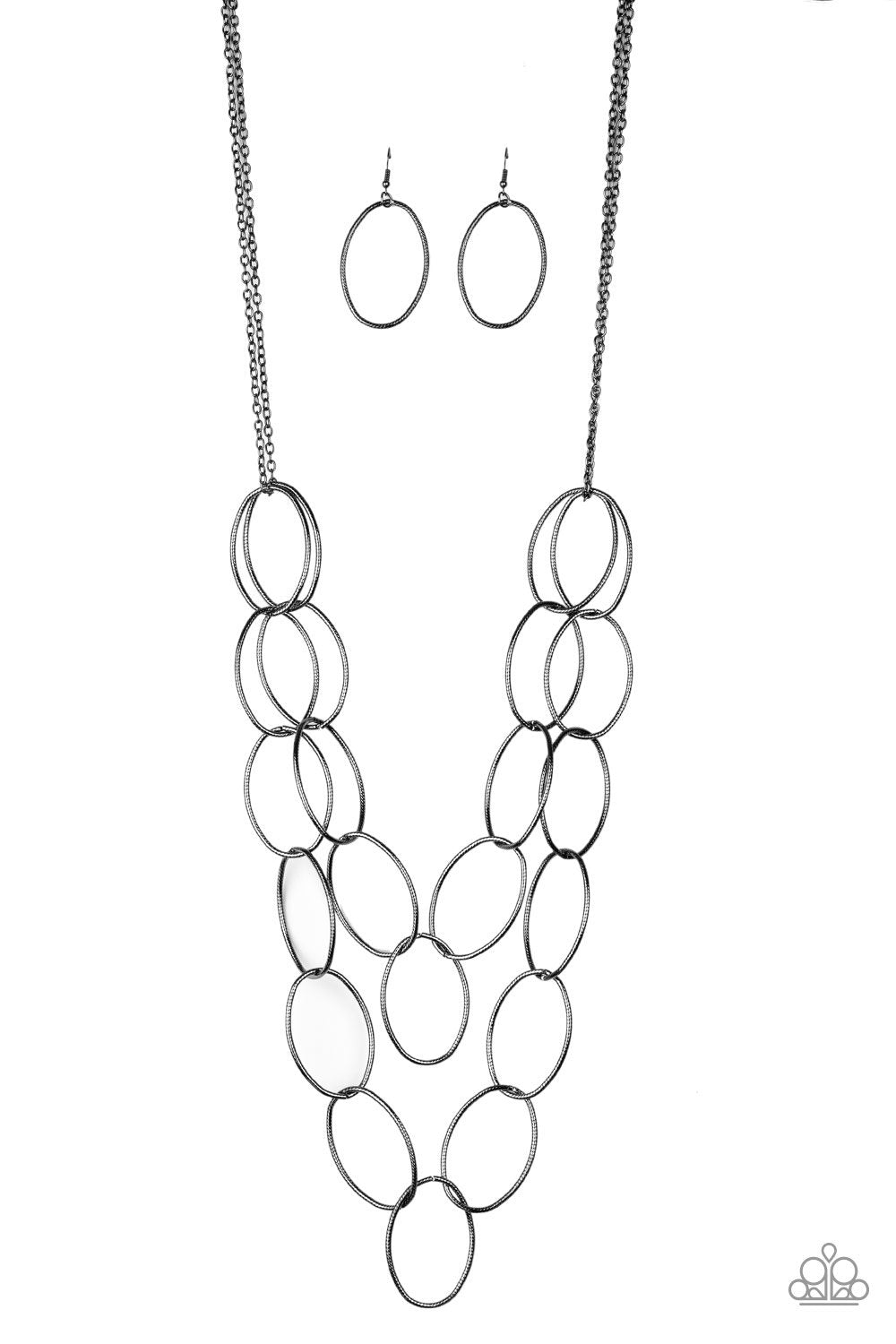Move On OVAL! Black Gunmetal Necklace - Paparazzi Accessories - free matching earrings -CarasShop.com - Paparazzi Jewelry by Cara Jewels