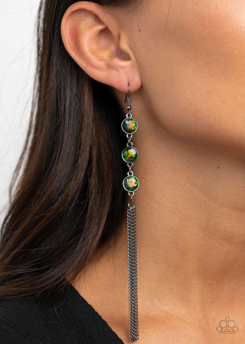 Moved To TIERS Multi-color "Oil Spill" Rhinestone Earrings - Paparazzi Accessories- on model - CarasShop.com - Paparazzi Jewelry by Cara Jewels
