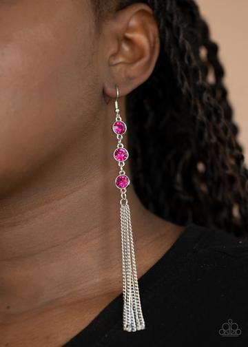 Moved To TIERS Pink Rhinestone Tassel Earrings - Paparazzi Accessories- lightbox - CarasShop.com - Paparazzi Jewelry by Cara Jewels