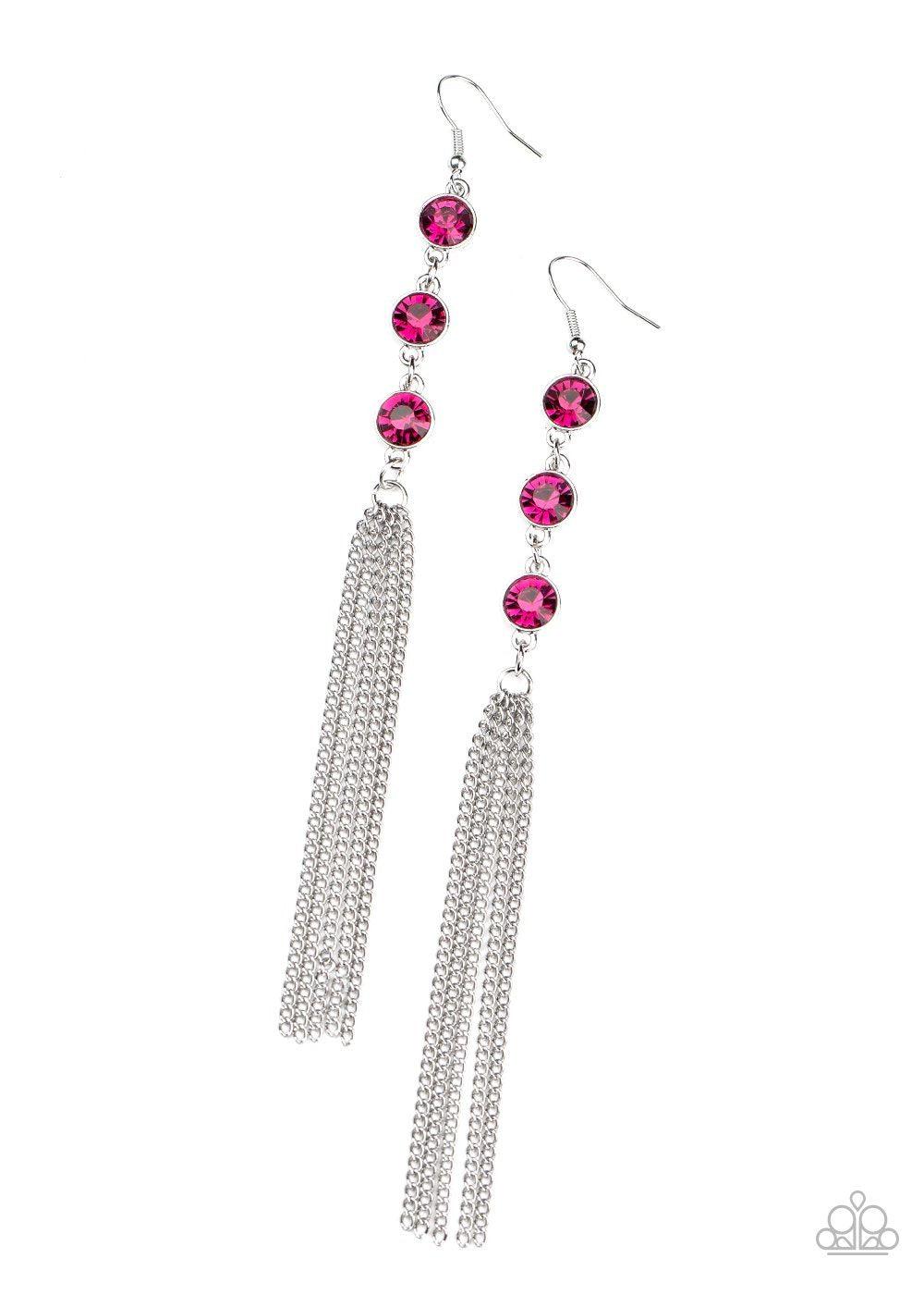 Moved To TIERS Pink Rhinestone Tassel Earrings - Paparazzi Accessories- on model - CarasShop.com - Paparazzi Jewelry by Cara Jewels