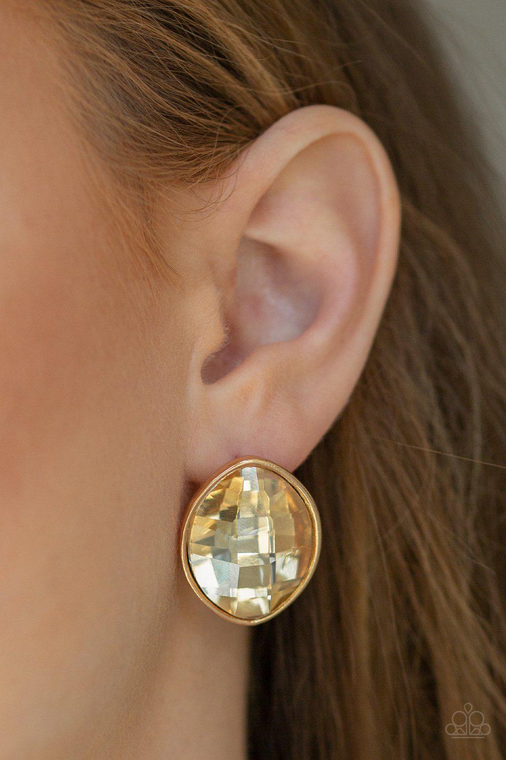 Movie Star Sparkle Gold Rhinestone Post Earrings - Paparazzi Accessories- lightbox - CarasShop.com - Paparazzi Jewelry by Cara Jewels