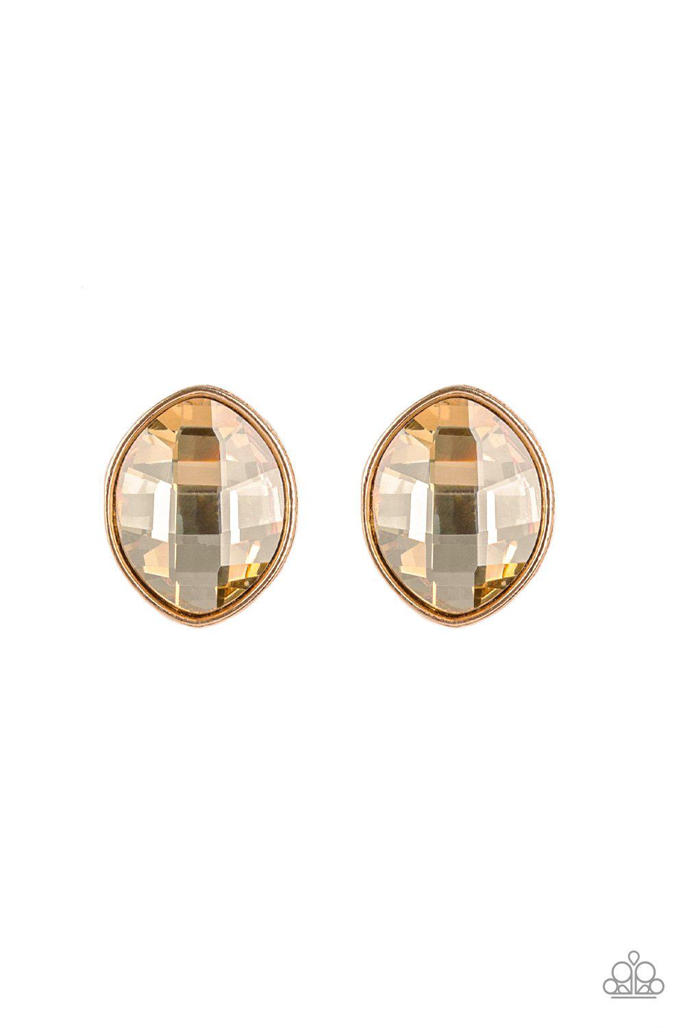 Movie Star Sparkle Gold Rhinestone Post Earrings - Paparazzi Accessories- on model - CarasShop.com - Paparazzi Jewelry by Cara Jewels