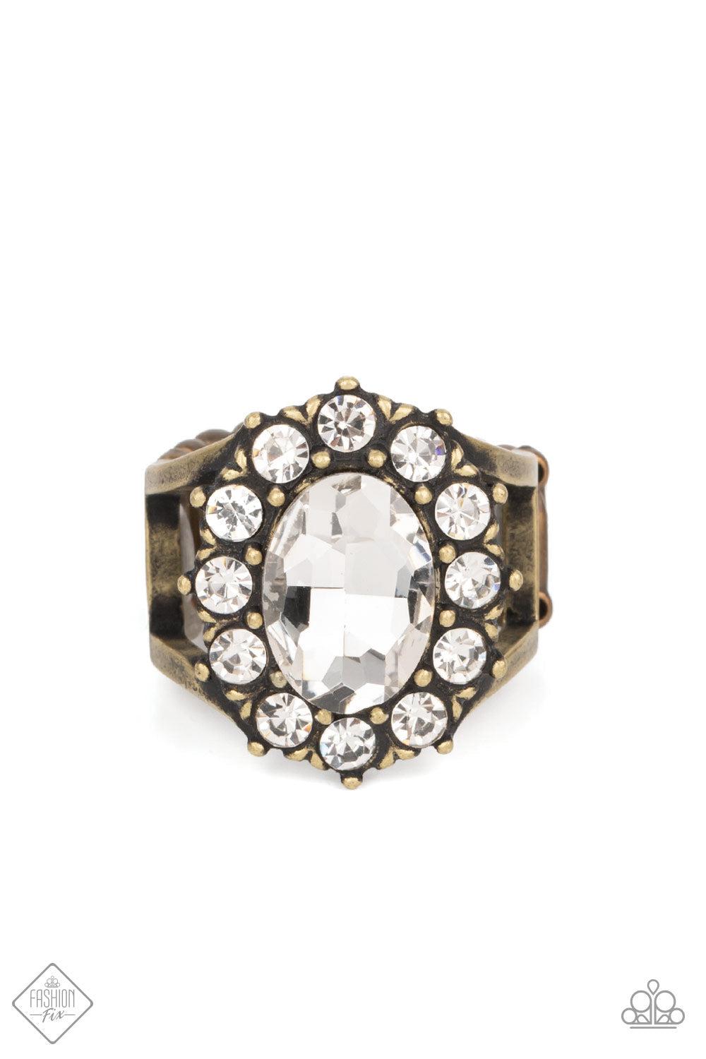 Moxie Magic Brass & White Rhinestone Ring - Paparazzi Accessories- lightbox - CarasShop.com - Paparazzi Jewelry by Cara Jewels