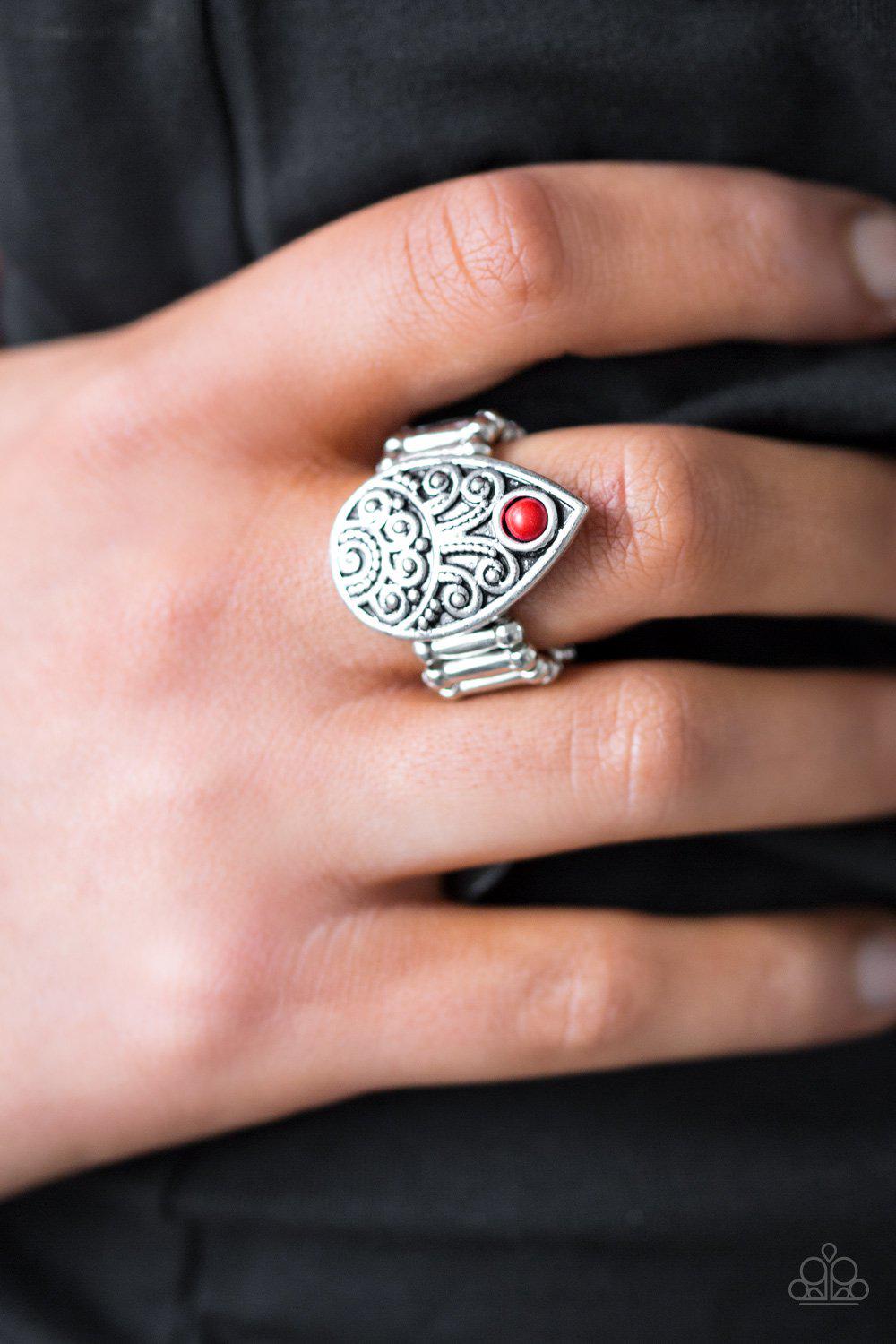 Mumbai Mambo Silver and Red Ring - Paparazzi Accessories- lightbox - CarasShop.com - Paparazzi Jewelry by Cara Jewels