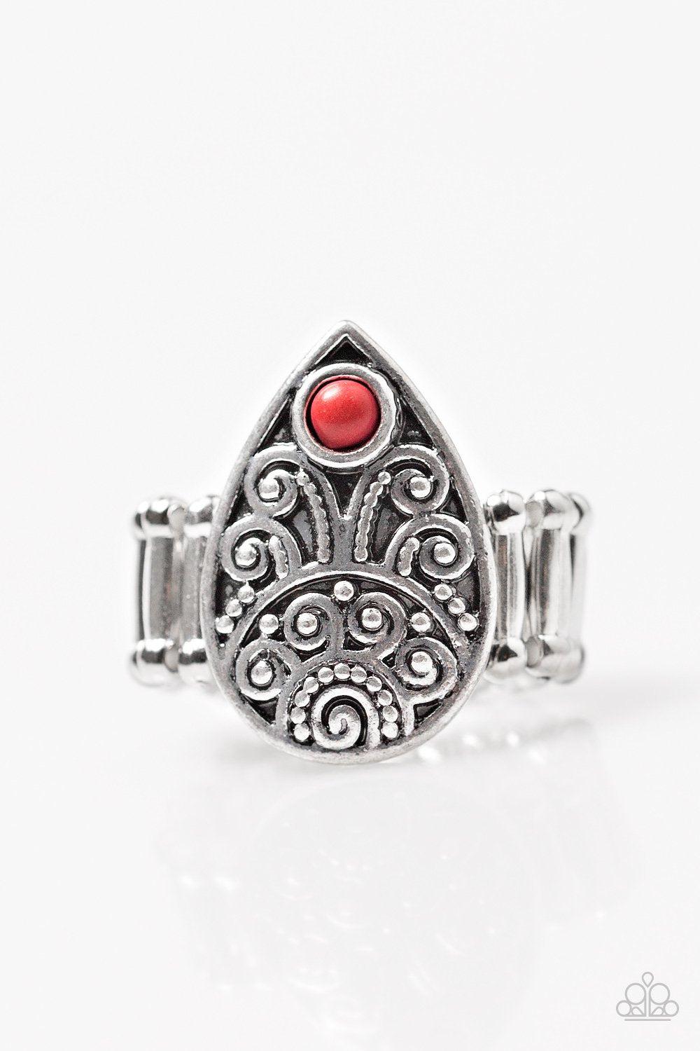 Mumbai Mambo Silver and Red Ring - Paparazzi Accessories- on model - CarasShop.com - Paparazzi Jewelry by Cara Jewels