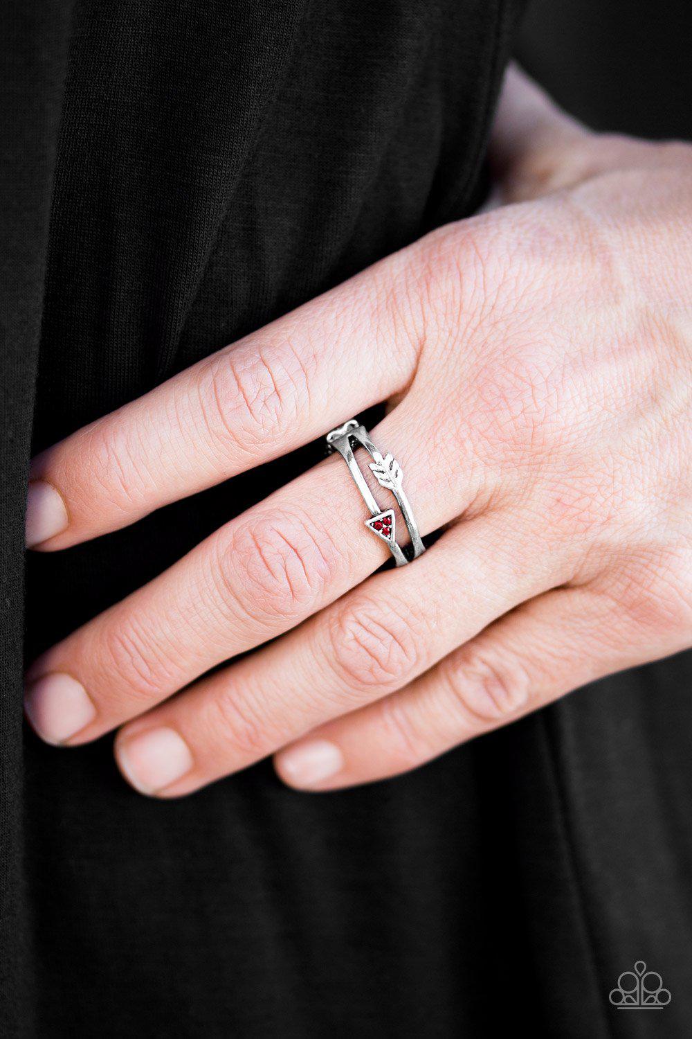 My Aim Is True Silver and Red Ring - Paparazzi Accessories- lightbox - CarasShop.com - Paparazzi Jewelry by Cara Jewels
