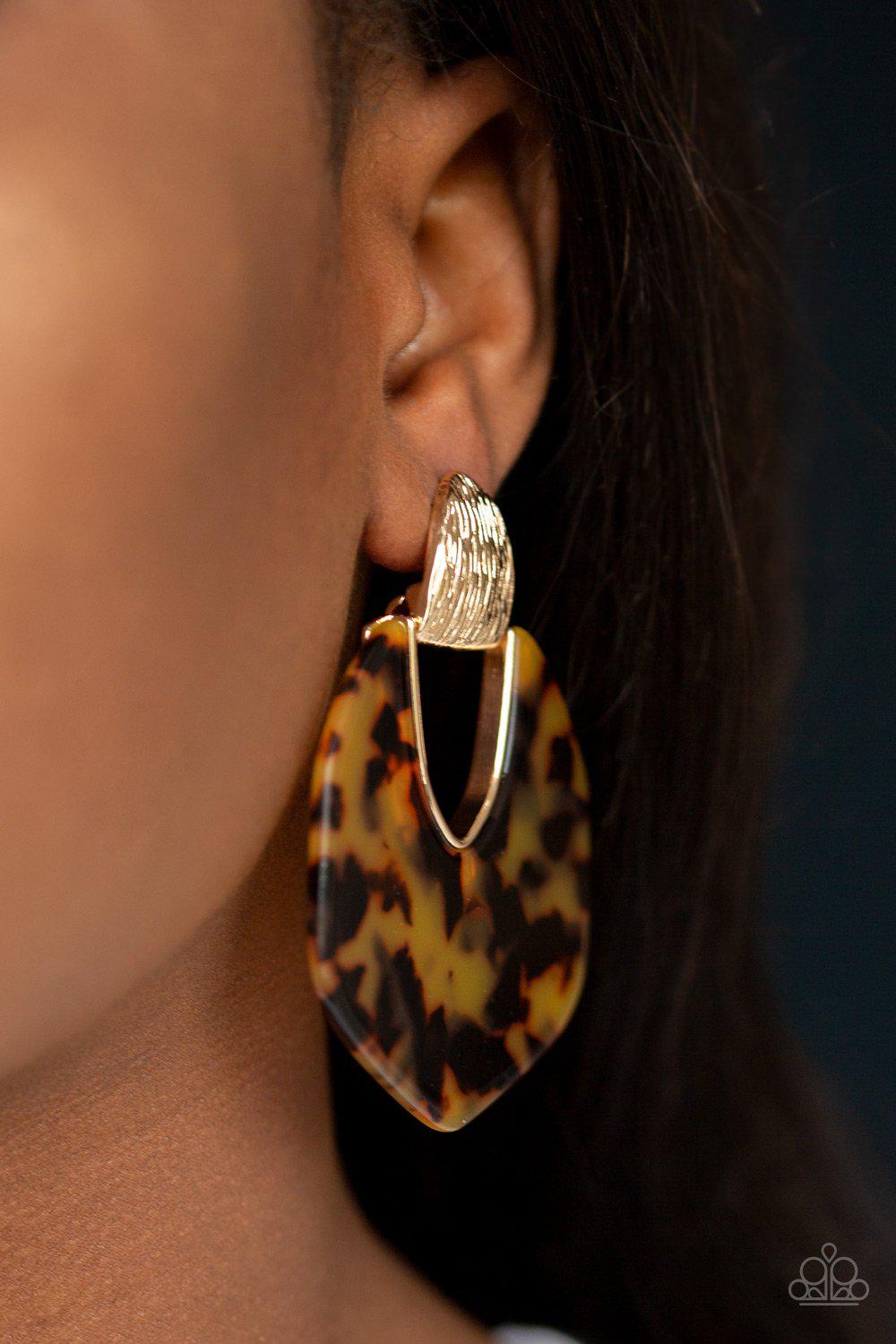 My Animal Spirit Gold Acrylic Earrings - Paparazzi Accessories- on model - CarasShop.com - Paparazzi Jewelry by Cara Jewels