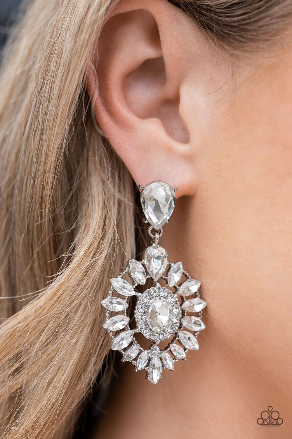 My Good LUXE Charm White Rhinestone Earrings - Paparazzi Accessories- on model - CarasShop.com - Paparazzi Jewelry by Cara Jewels