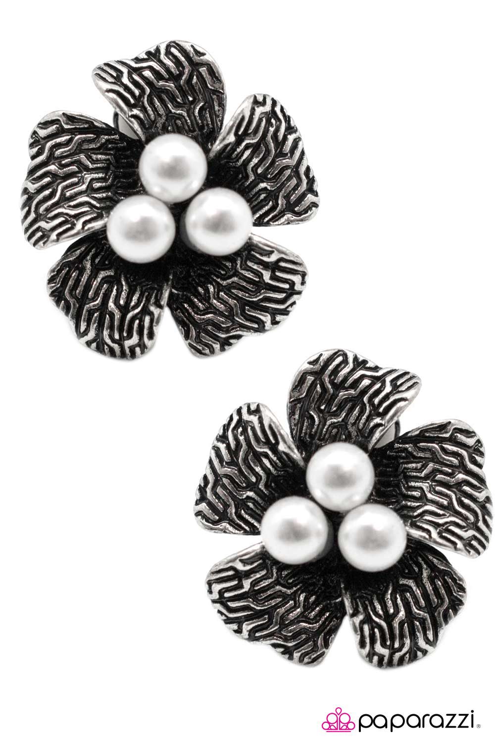 My Paradise White Pearl Flower Clip-on Earrings - Paparazzi Accessories- lightbox - CarasShop.com - Paparazzi Jewelry by Cara Jewels