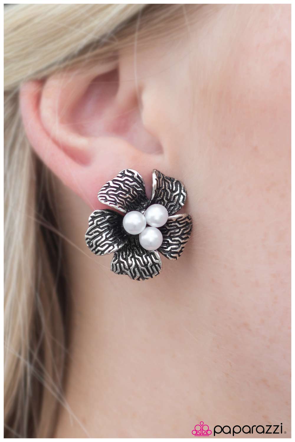 My Paradise White Pearl Flower Clip-on Earrings - Paparazzi Accessories- on model - CarasShop.com - Paparazzi Jewelry by Cara Jewels