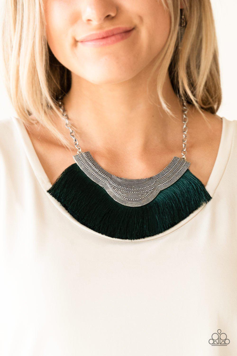 My Pharaoh Lady Green Fringe Necklace - Paparazzi Accessories- on model - CarasShop.com - Paparazzi Jewelry by Cara Jewels