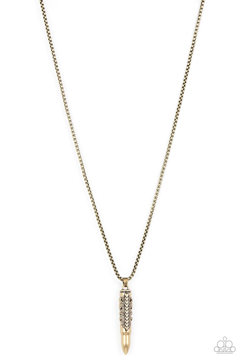 Mysterious Marksman Men's Brass Bullet Necklace - Paparazzi Accessories- lightbox - CarasShop.com - Paparazzi Jewelry by Cara Jewels