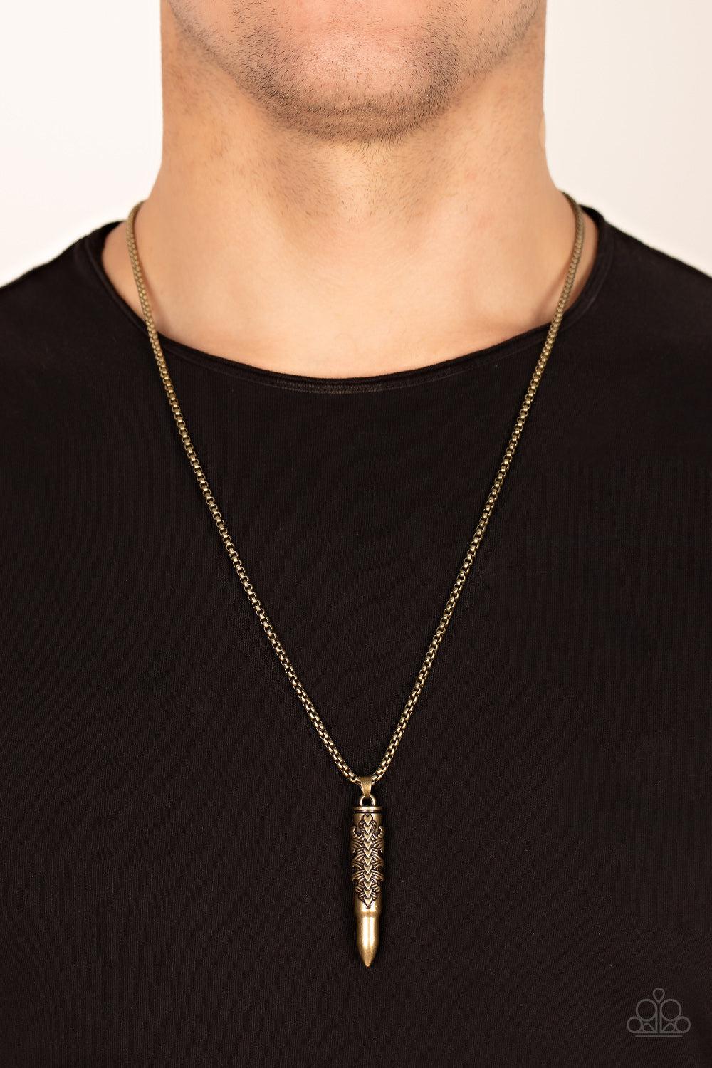 Mysterious Marksman Men's Brass Bullet Necklace - Paparazzi Accessories- on model - CarasShop.com - Paparazzi Jewelry by Cara Jewels