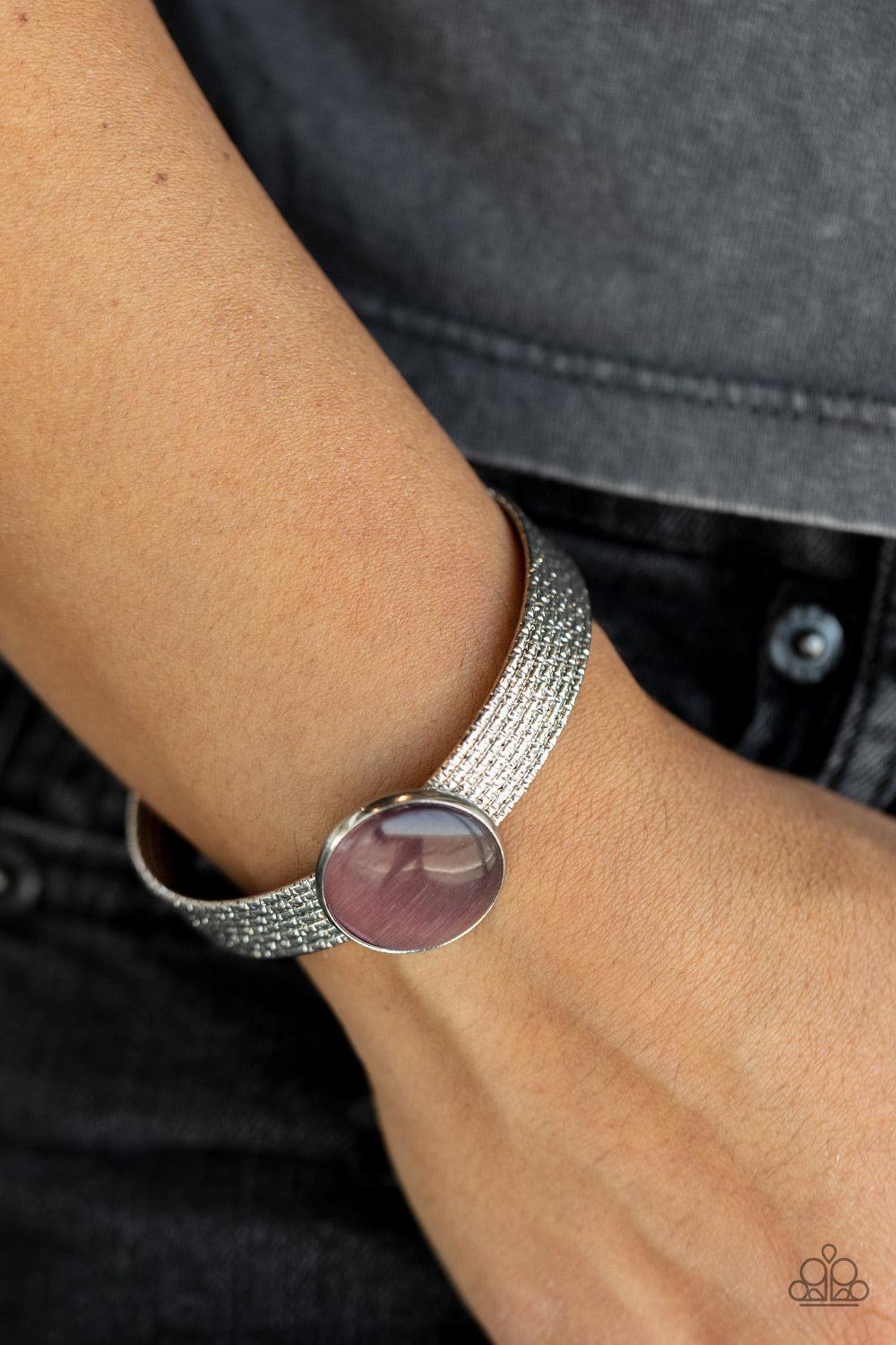 Mystical Magic Purple Cat's Eye Cuff Bracelet - Paparazzi Accessories- on model - CarasShop.com - Paparazzi Jewelry by Cara Jewels
