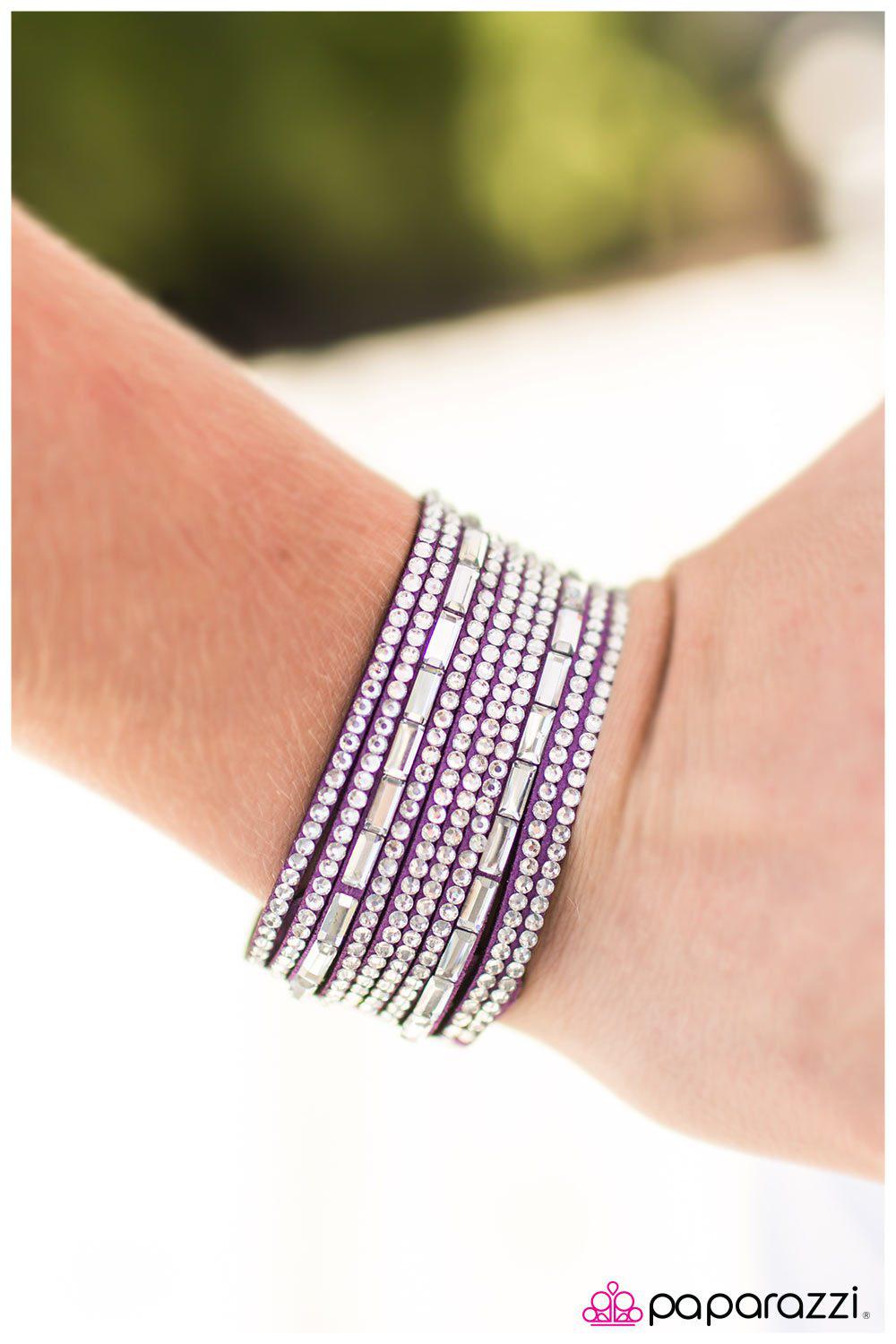 Name Your Price Purple and White Rhinestone Urban Wrap Snap Bracelet - Paparazzi Accessories- on model - CarasShop.com - Paparazzi Jewelry by Cara Jewels