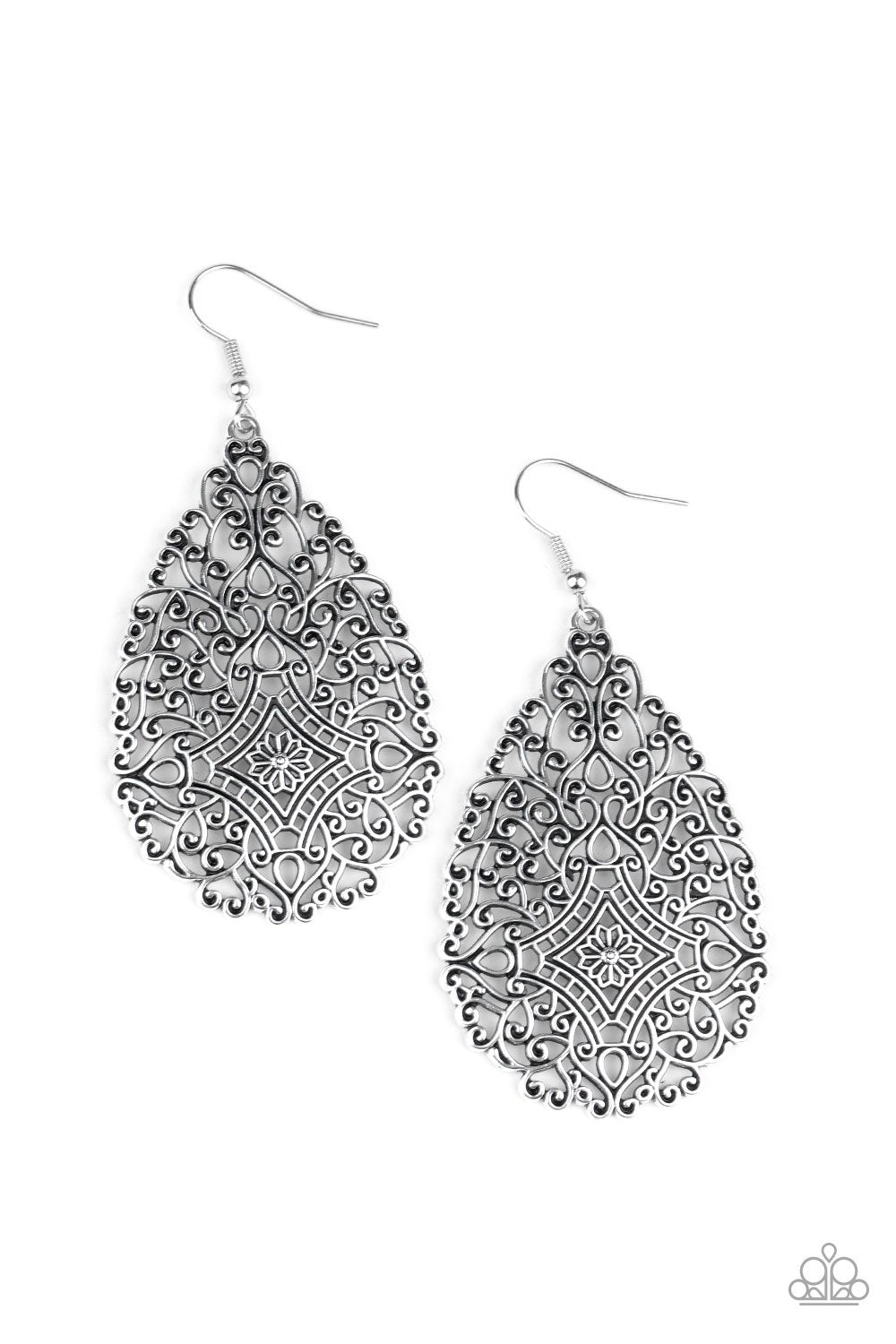 Napa Valley Vintage Silver Filigree Teardrop Earrings - Paparazzi Accessories- lightbox - CarasShop.com - Paparazzi Jewelry by Cara Jewels