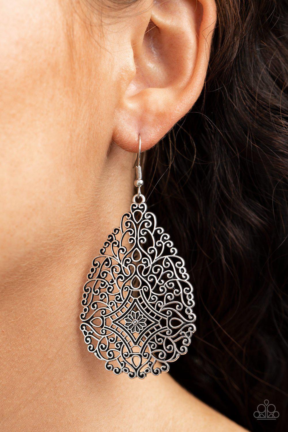 Napa Valley Vintage Silver Filigree Teardrop Earrings - Paparazzi Accessories- on model - CarasShop.com - Paparazzi Jewelry by Cara Jewels