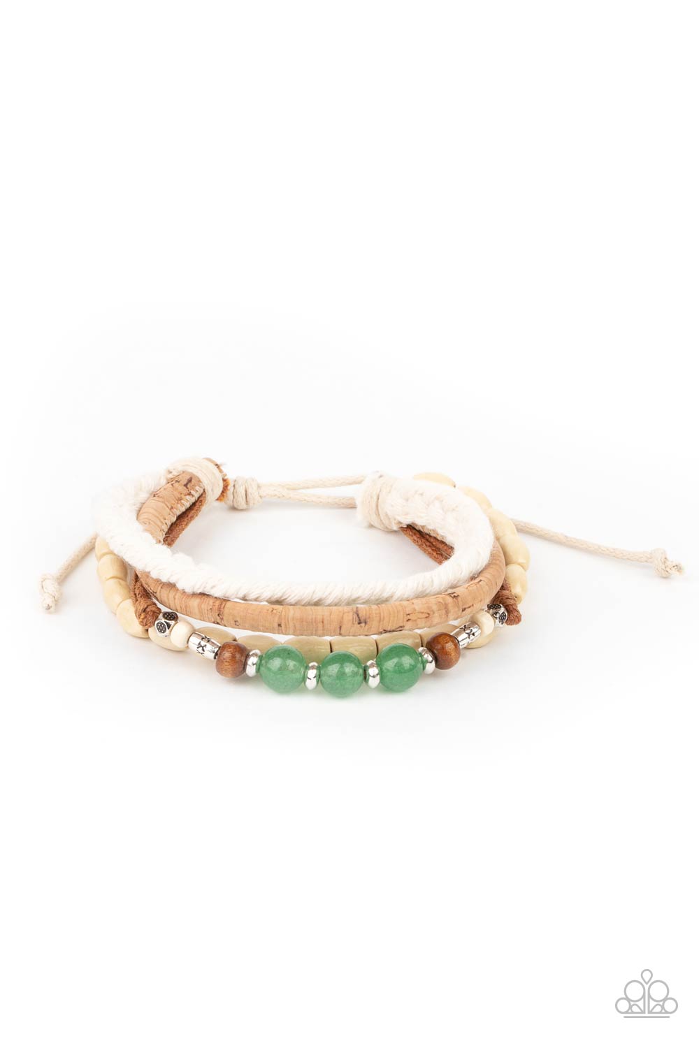Natural-Born Navigator Jade Green Stone, Cork, Thread and Wood Urban Knot Bracelet - Paparazzi Accessories- lightbox - CarasShop.com - Paparazzi Jewelry by Cara Jewels
