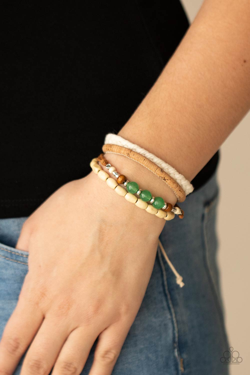 Natural-Born Navigator Jade Green Stone, Cork, Thread and Wood Urban Knot Bracelet - Paparazzi Accessories- on model - CarasShop.com - Paparazzi Jewelry by Cara Jewels