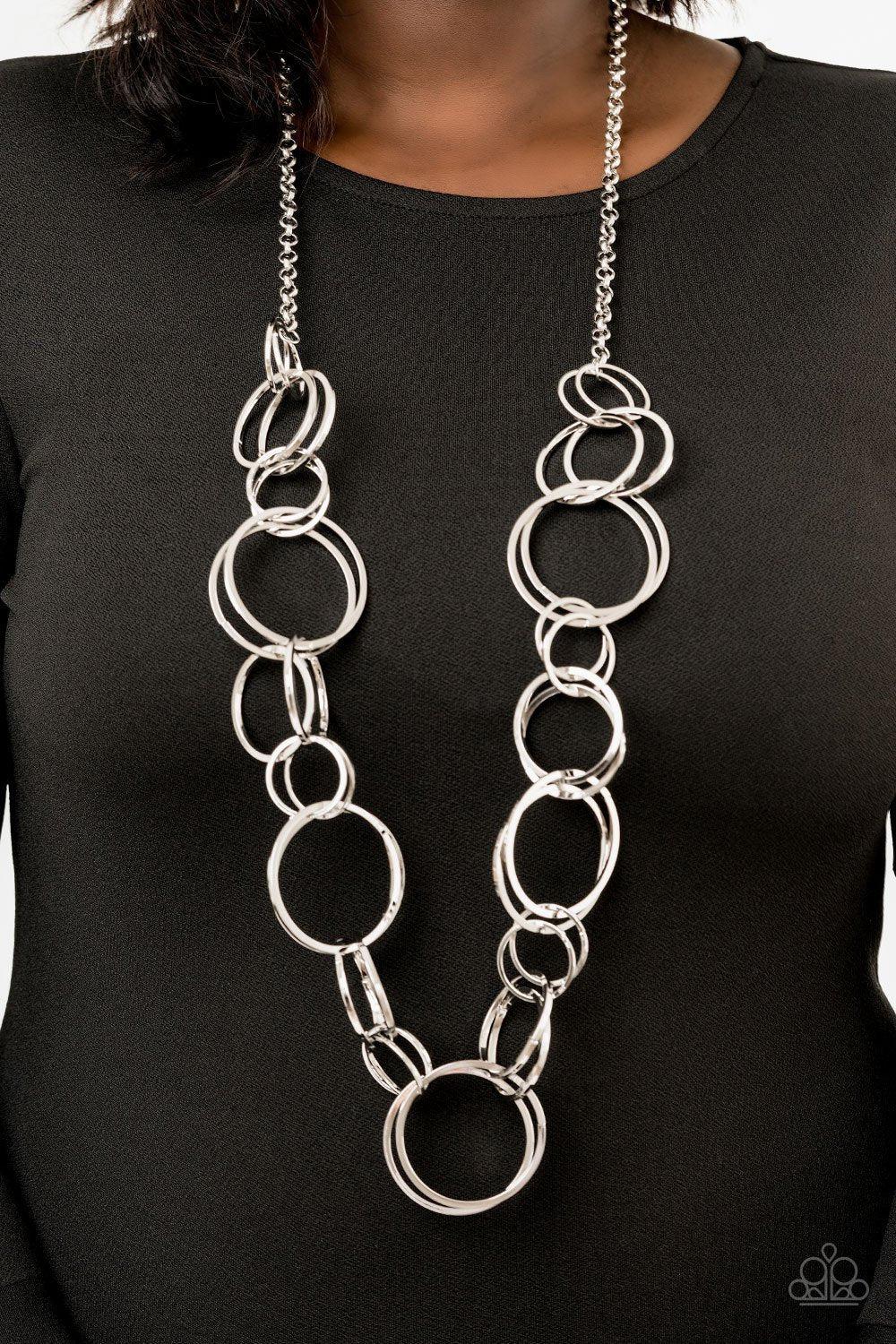 Natural Born Ringleader Long Silver Chain Necklace - Paparazzi Accessories- on model - CarasShop.com - Paparazzi Jewelry by Cara Jewels